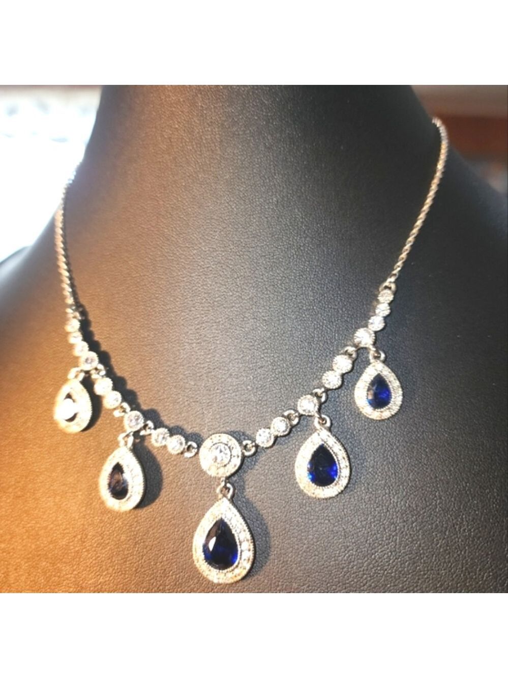 Carolee Silvertone Blue & Clear Rhinestone Tear Drop Necklace 16" + 2"